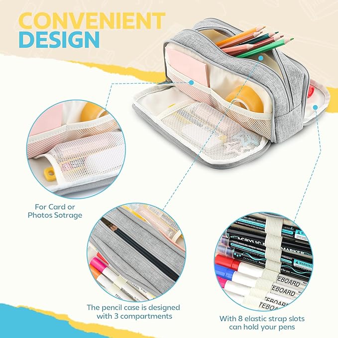 Large Capacity Pencil Case Pencil Pouch Pen Bag with 3 Compartment Stationery Organizer with Zipper, School Supplies Organizer for Teen Adults (Grey)