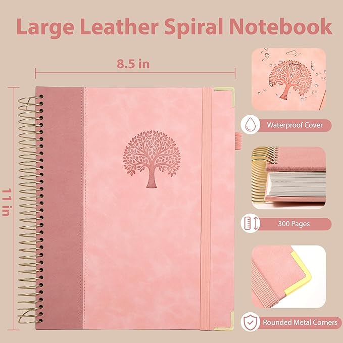 Yoment Hardcover Spiral Notebook 8.5" x 11" Pink 5 Subject Notebook College Ruled with Dividers Tabs 300 Pages Large Leather Spiral Journal Notebooks for Work School Note-Taking Business