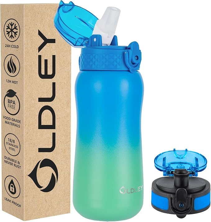 Oldley Insulated Water Bottle 12oz Water Bottles with Straw, Stainless Steel Water Bottle with 2 Lids,Double Wall Vacuum Bottel for Kids, Leak-Proof Sport Bottle for School Travel,Tropical Rainforest