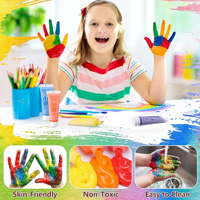 48 Pcs Washable Finger Paint Set for Kids Ages 3-12, Non-toxic Baby Safe Paint 12 Colors (1 Fl oz Each), Hand and Feet Painting Art Supplies, Preschool Learning Activities Gifts for Kids