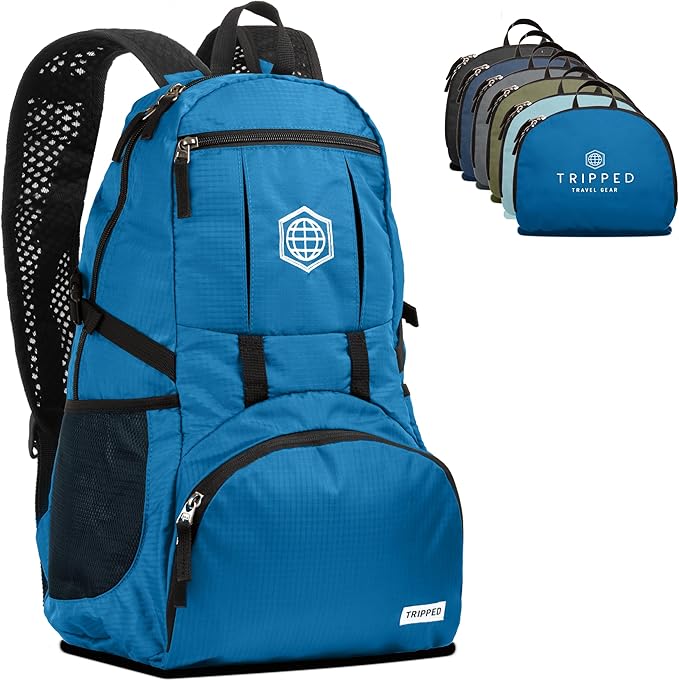 TRIPPED Travel Gear Traveling Backpack- Foldable Collapsible Lightweight Backpack for Travel (Light Blue) 35 liters