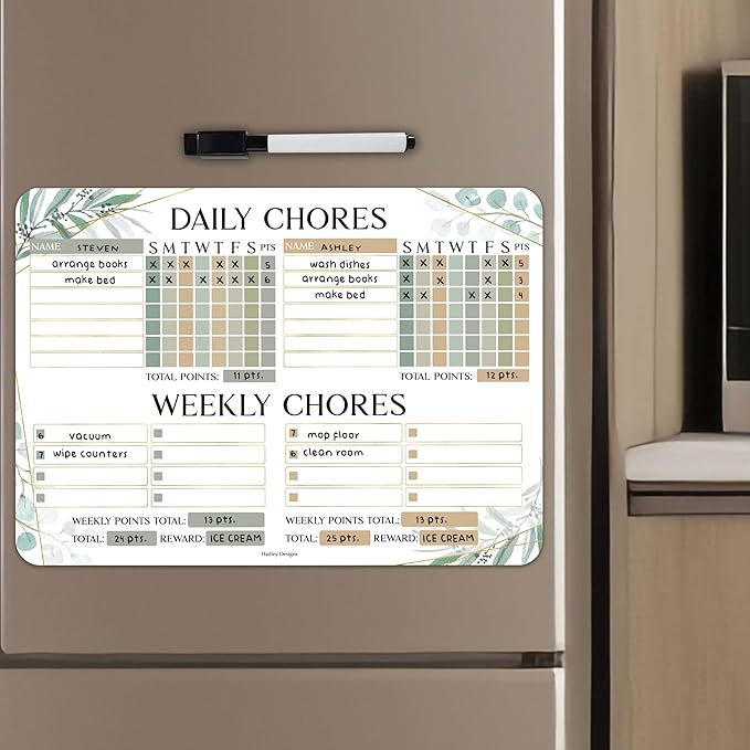 Hadley Designs Magnetic Chore Chart for Kids Multiple - Chores Board for Refrigerator, Dry Erase Task Chart for 2 Kids Daily Behavior, Family Weekly Planner for Teens and Adults, Greenery Chore Board