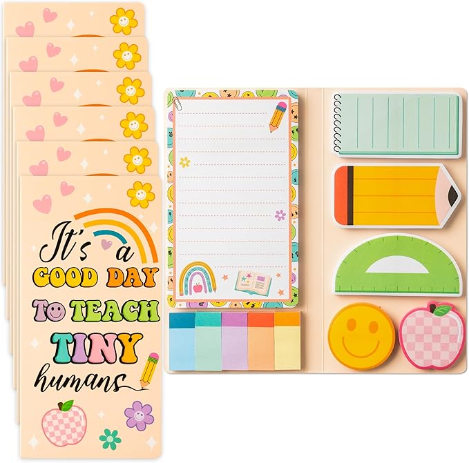 B1ykin Retro Teacher Sticky Notes Set - A Good Day to Teach Tiny Humans Self-Stick Notes Pad, 550 Sheets Writing Memo Pages Sticky Notepad for Teacher Appreciation Gifts, School Office Supplies (6Pcs)