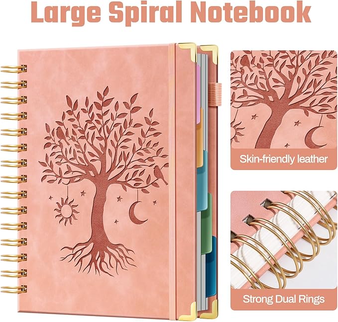 Ovesmusl Hardcover Spiral Notebook 8" x 10" with 5 Removable Dividers 300 Pages Leather 5 Subject Notebook College Ruled 100GSM Large Spiral Notebooks for Work Thick Lined Journal for Women, Pink