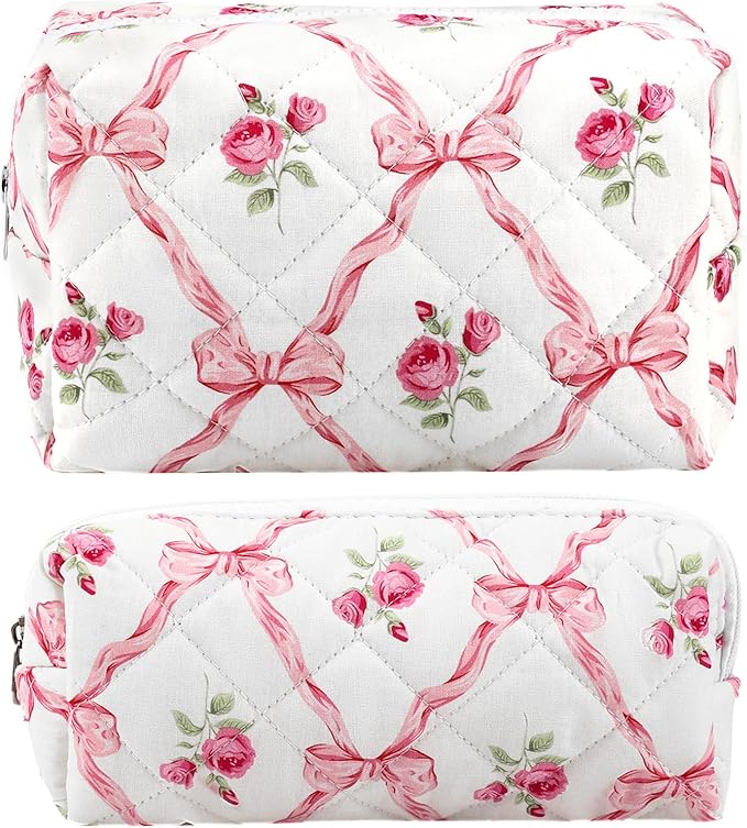 URSKYTOUS 2Pcs Cotton Quilted Makeup Bag for Women Girls Coquette Cosmetic Bag Cute Zipper Pink Bow Pencil Pouch Aesthetic Portable Travel Toiletry Bag Trendy Essentials Skincare Makeup Brush Pouch