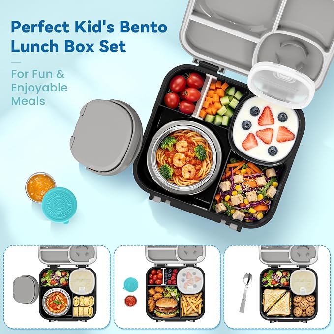 wiwens Kids Bento Lunch Box with Soup Thermo Food Lunch Container for Kid | 4 Compartment Leak-Proof Kids Lunch Box,9oz Stainless Steel Insulated Hot Food Jar,for Boys Girls Toddler to School Travel