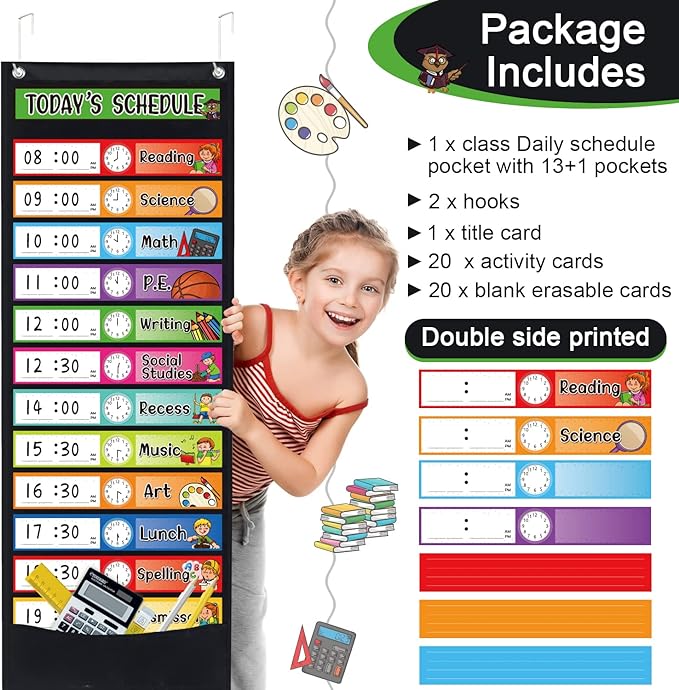 Daily Schedule Pocket Chart Kit,40 Bright Attractive Double-Sided Reusable Erasable Cards,1 Title Card,13+1 Scheduling Pocket Chart with 2 Hangers for Classroom Office Home Preschool Learning (Black)