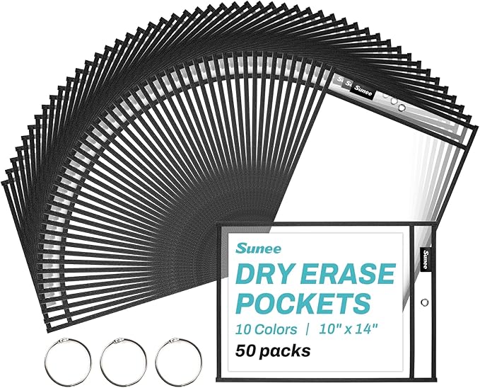SUNEE 50 Packs Oversized Reusable Dry Erase Pocket Sleeves with 3 Rings, Black 10x14 Ticket Holders, Clear Plastic Sheet Protectors, Teacher School Classroom Supplies