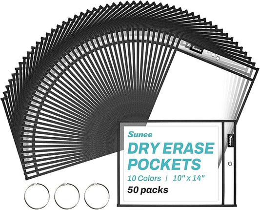 SUNEE 50 Packs Oversized Reusable Dry Erase Pocket Sleeves with 3 Rings, Black 10x14 Ticket Holders, Clear Plastic Sheet Protectors, Teacher School Classroom Supplies
