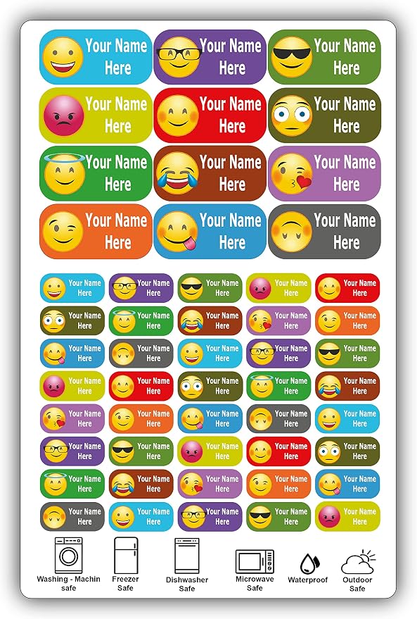 Personalized Labels - Cute Face Designs. 52 Custom Stickers for School, Daycare and Camp. Waterproof Name Labels Dishwasher and Microwave Safe, Machine Washable. (Cute Faces)