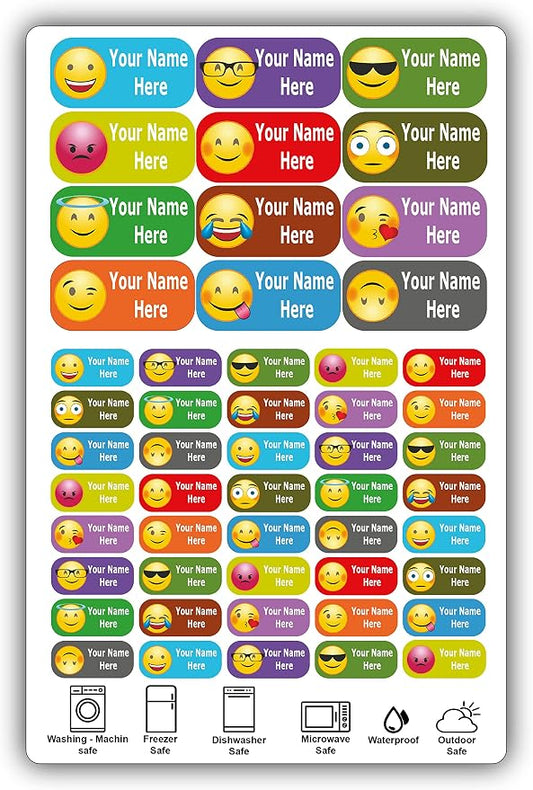 Personalized Labels - Cute Face Designs. 52 Custom Stickers for School, Daycare and Camp. Waterproof Name Labels Dishwasher and Microwave Safe, Machine Washable. (Cute Faces)