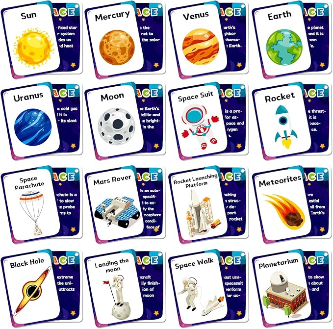 34PCS Outer Space Cognitive Flash Cards,Cognitive Pictures Flashcards for Space Exploration, Waterproof Space Learning Flash Card