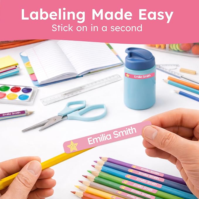 Personalized Kids Name Labels for Pencils Pink [150pcs] - Waterproof Name Stickers for School & Daycare - Pencil Custom Name Stickers - Children Name Stick On Labels for Pens (2.0”x0.3”)
