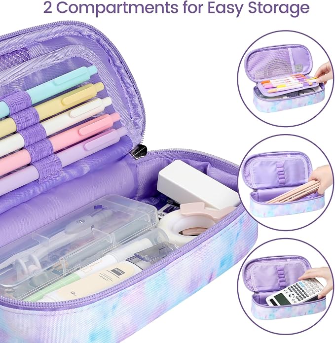 Cambond Pencil Case for Girls - School Pencil Pouch Kids, Glitter Purple | Cute Pencil Case for Kids With Name Card and Slot, Girls Aesthetic Shool Supplies for Staionary, Water-Resistent Pen Bag