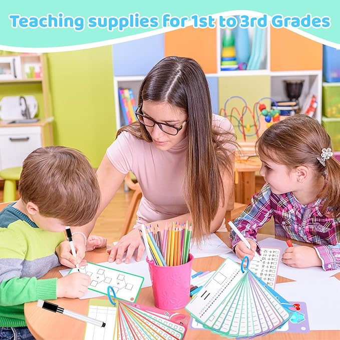 30Pcs Addition and Subtraction Flash Cards, Math Flash Card with 4 Dry Erase Pens 2 Rings, Time Table Flash Cards for 1st to 3rd Grades Fun Learning with Math Game