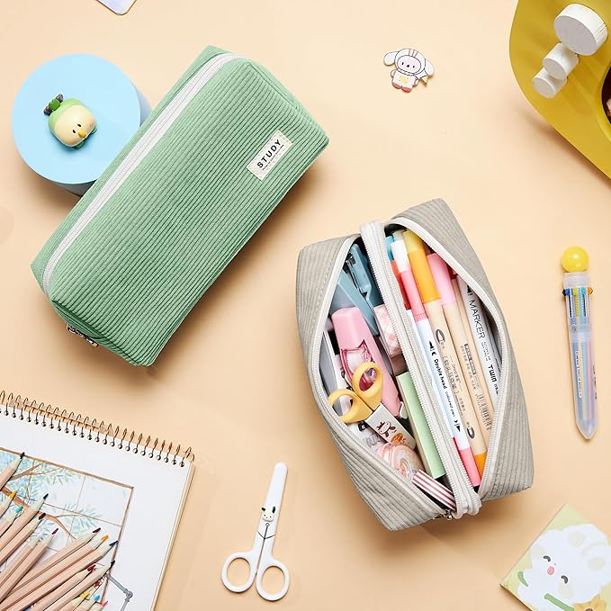 KALIDI Large Pencil Case Corduroy Pencil Pouch Box Cute School Supplies for Teen Girls Boys, Grey
