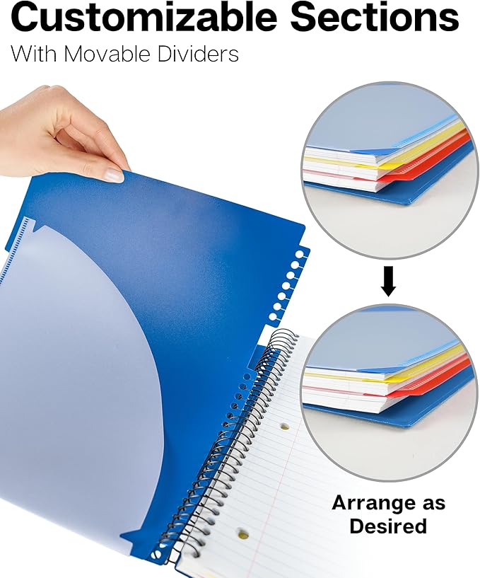 Dunwell 3-Subject Spiral Notebook College Ruled 8.5x11 (Blue), 150 Sheets (300 Pages), Tabs, Colorful Movable Divider Pockets Fit 8.5 x 11 Content, Front/Back Plastic Covers, 3-Hole Perforated Pages