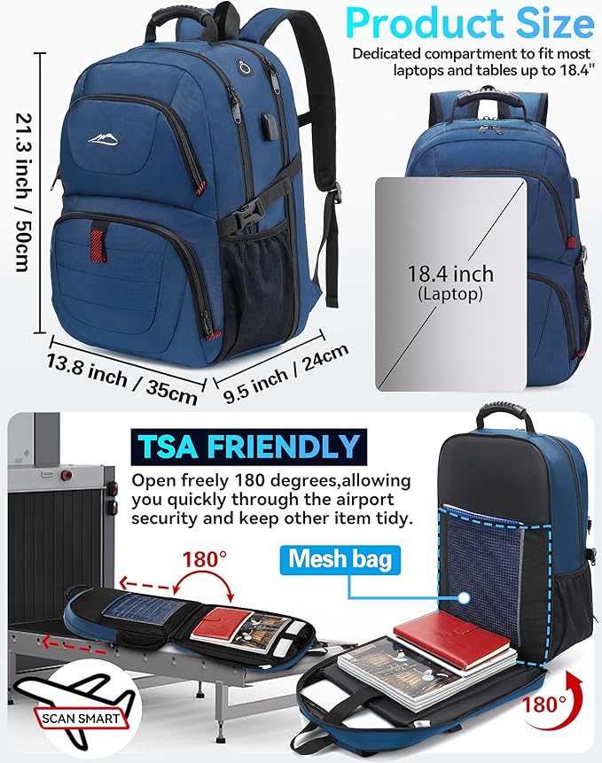 ProEtrade Travel Backpack, Extra Large Laptop Backpack Business Anti Theft TSA Approved College Work Computer Bag Fits 18.4 Inch Laptop with USB Charging Port for Women Men(Blue,L)