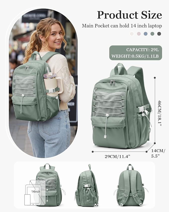 suwasp College Backpack for Women, Waterproof Laptop Backpack Fits 15.6 Inch Laptop, School Bookbag with Water Bottle Pocket, Anti Theft Work Backpack for College, Travel, Commuter,