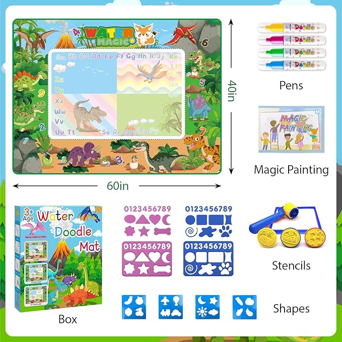 Water Doodle Mat 60×40 Inches Kids Mess Free Coloring for Toddlers 3 4 5 6 7 8 9 Years, Large Doodle Mat with 4 Magical Water Pens 0-9 Number Educational Toys Boys Girls Christmas Birthday Present