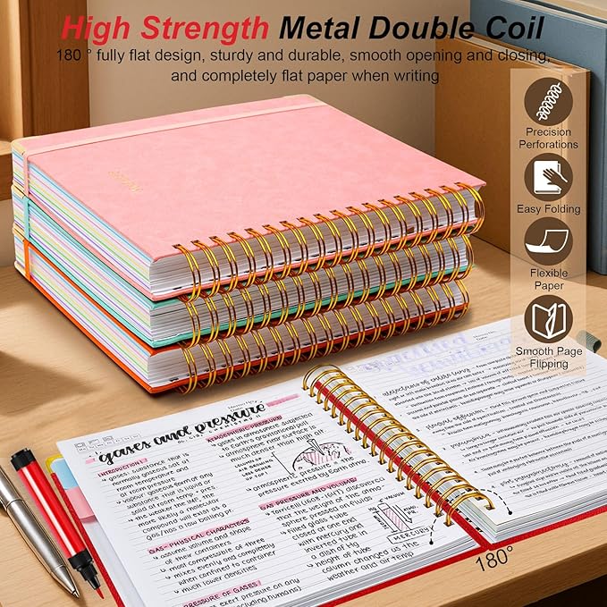 Hardcover Spiral Notebook 8"x10" Journal Notebook with Tabs and Removable Dividers 300 Pages 5 Subject Notebook College Ruled, Faux Leather Spiral Bound Notebook for Women, Students, School Work (Red)