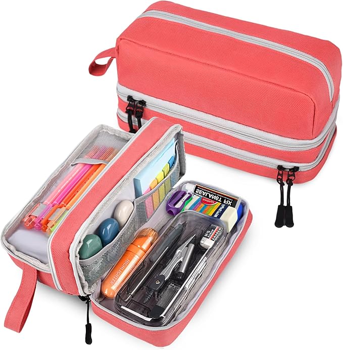 Genteen Large Capacity Pencil Case,Multifunction Pencil Pouch,Pencil Bags with Zipper 3 Compartments Pencil case organizer for or School Teen Girl Boy Men Women（Pink）