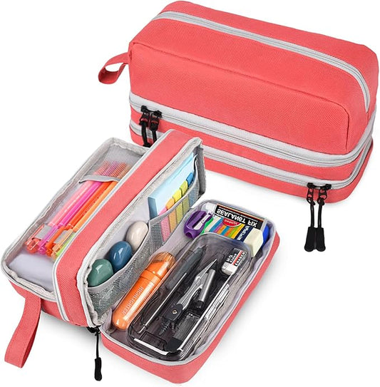 Genteen Large Capacity Pencil Case,Multifunction Pencil Pouch,Pencil Bags with Zipper 3 Compartments Pencil case organizer for or School Teen Girl Boy Men Women（Pink）