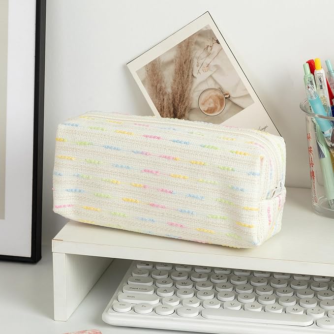 Cute Striped Pencil Case for Girls Large Capacity Aesthetic Pen Pouch with Zipper Stationery Organizer Bag for School Office Durable Pencil Box for Teens Students Women Kids (Square-White)