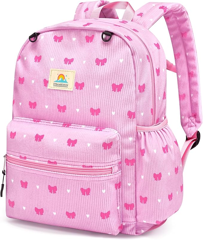 STEAMEDBUN Corduroy Kids Backpack for Girls and Boys 5-8: Girls Backpack for Elementary Kindergarten - 15 inch Cute Backpacks for Kids - Pink Bow