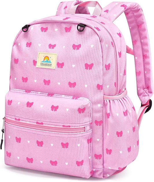 STEAMEDBUN Corduroy Kids Backpack for Girls and Boys 5-8: Girls Backpack for Elementary Kindergarten - 15 inch Cute Backpacks for Kids - Pink Bow