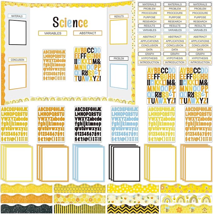 122Pcs Science Fair Board Supplies 72 Bee Trim Scalloped Borders 36 Presentation Board Subtitles 6 Self Adhesive Project Titles 8 Letter Stickers for Classroom Office Decor(Bee)