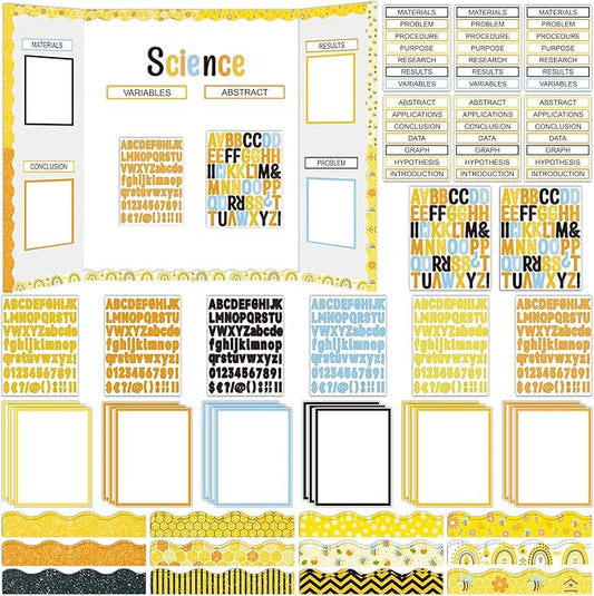 122Pcs Science Fair Board Supplies 72 Bee Trim Scalloped Borders 36 Presentation Board Subtitles 6 Self Adhesive Project Titles 8 Letter Stickers for Classroom Office Decor(Bee)