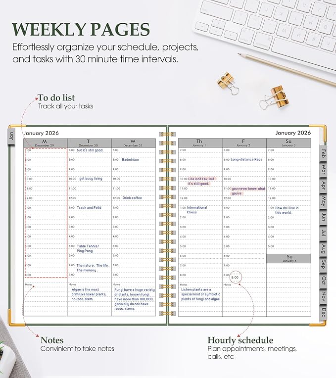 2026 Planner, Weekly and Monthly Calendar Planner from January 2026 - December 2026, 5.75" x 8.38" Hardcover Leather Hourly Appointment Book with Tabs, A5 Spiral Daily Planners for College School Work Home, Green