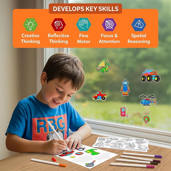 Skillmatics Cling Art – Color Clingz, 50+ Reusable Static Stickers, Mess-Free Fun for Kids, DIY Craft Kits & Supplies, Travel Toys, Creative Gifts for Boys and Girls Ages 3, 4, 5, 6, 7