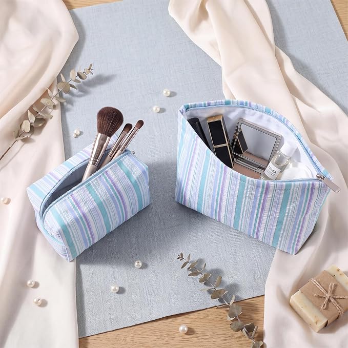 Huhumy 2 Pcs Striped Makeup Bag, Travel Toiletry Bag for Women, Aesthetic Cute Colorful Cosmetic Pouch, Seersucker Storage Organizer for Accessories, Essentials, Toiletries(Cyan Blue Purple)