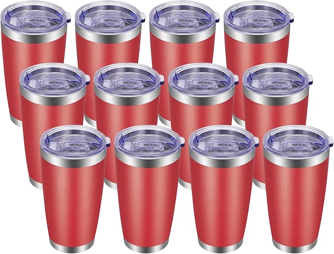 VEGOND 20oz Tumbler with Lid and Straw Stainless Steel Tumbler Cup Bulk Vacuum Insulated Double Wall Travel Coffee Mug Powder Coated Coffee Cup, Red, 12 Pack