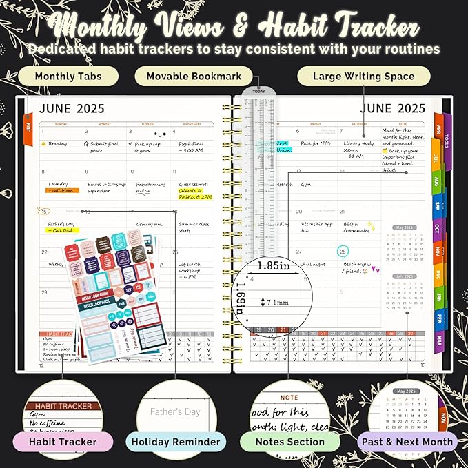 Jun 2025-Dec 2026 Academic Monthly Weekly Daily Planner for School, 19 Months Calendar 25-26 Planning Book with Colorful Tabs, 8.5" x 11" Mid Year College Organizer for Student Teacher (Black)
