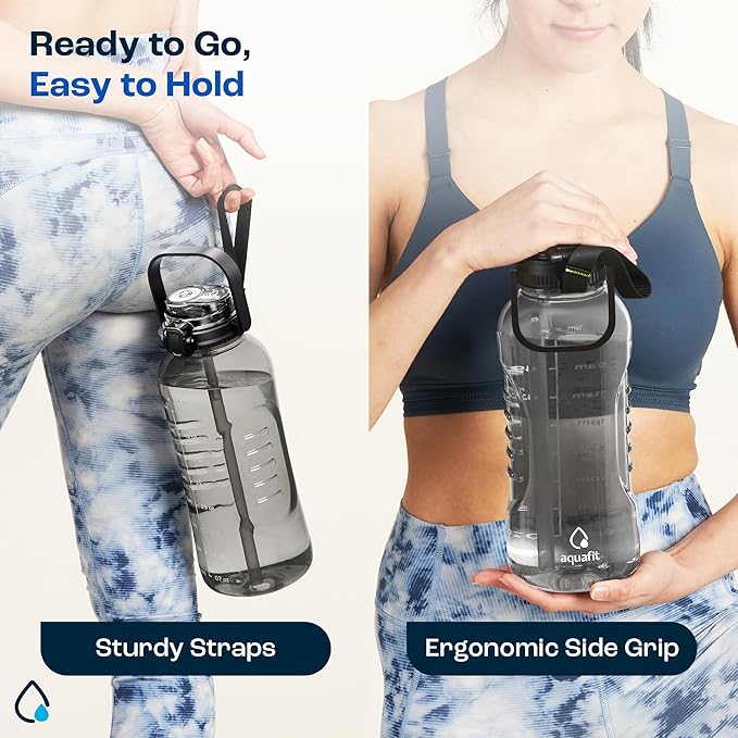 AQUAFIT 64 oz Water Bottle with Time Marker - 2in1 Straw & Chug Lid - BPA Free Big Water Bottle with Straw - Gym Water Bottle with Strap - Water Jug (64 Ounces, Nebula)