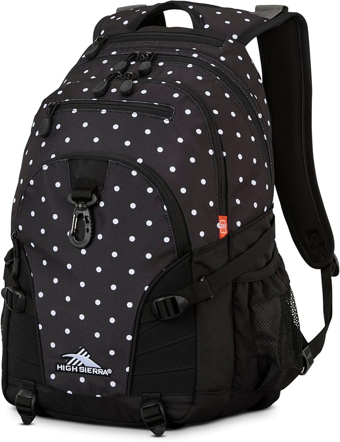 High Sierra Loop Backpack, Travel, or Work Bookbag with tablet sleeve, One Size, POLKA DOTS/BLACK