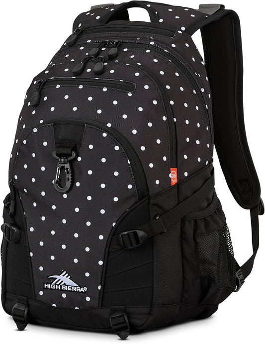 High Sierra Loop Backpack, Travel, or Work Bookbag with tablet sleeve, One Size, POLKA DOTS/BLACK