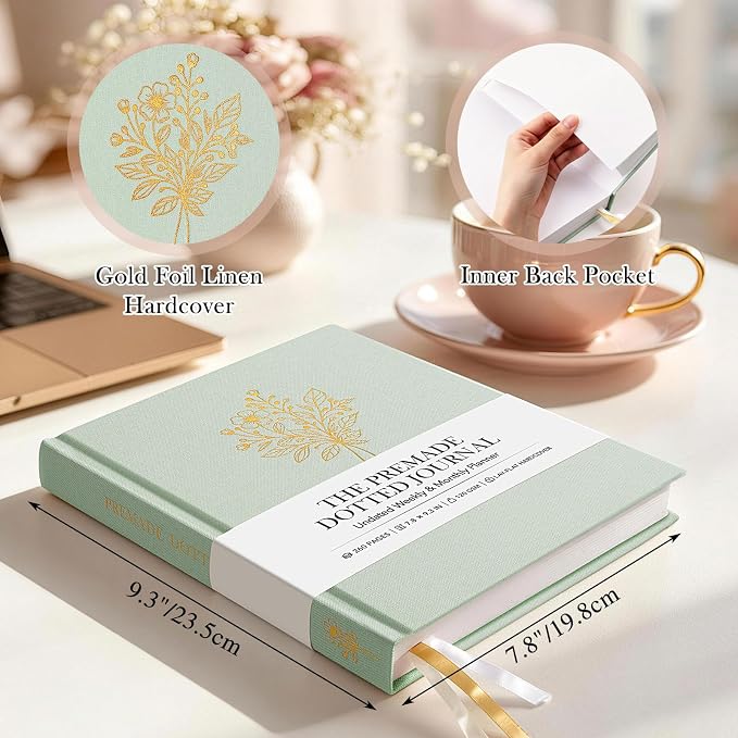 Everloria Premade Dotted Journal Notebook, 12 Months Pre-made Bullet Templates, 260 Hand-Drawn Coloring Pages, Undated Weekly & Monthly Planner, 7.8"x9.3" Linen Dot Grid Habit Mood Tracker, Sage Green