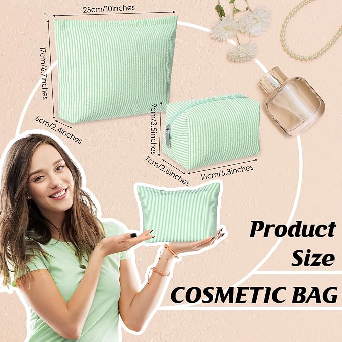 Huhumy 2 Pcs Makeup Bag Set for Women, Green, Thin Striped Seersucker | Cute Cosmetic Pouch Women Travel Toiletry Bag Preppy Small Makeup Purse Pouch Aesthetic Skincare Brushes Storage Organizer