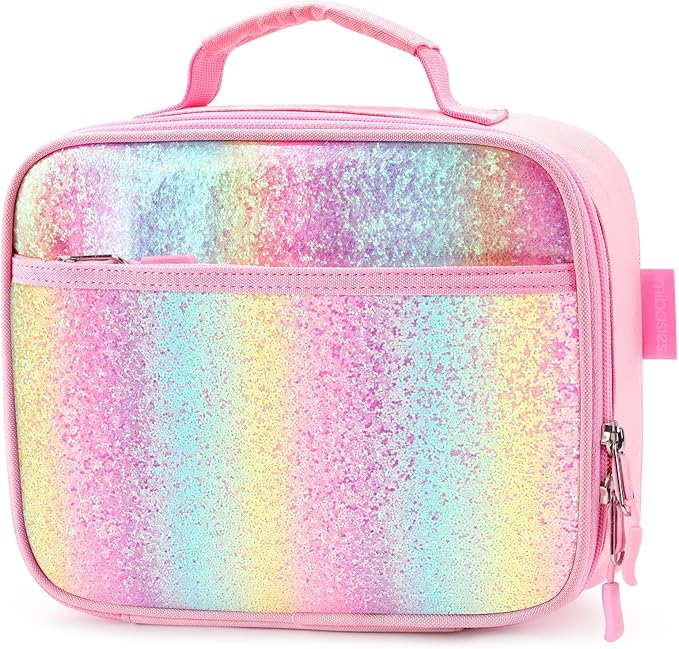 mibasies Kids Lunch Box for Girls Toddler, Insulated and Reusable Lunch Bag for School, Pink Blue Rainbow