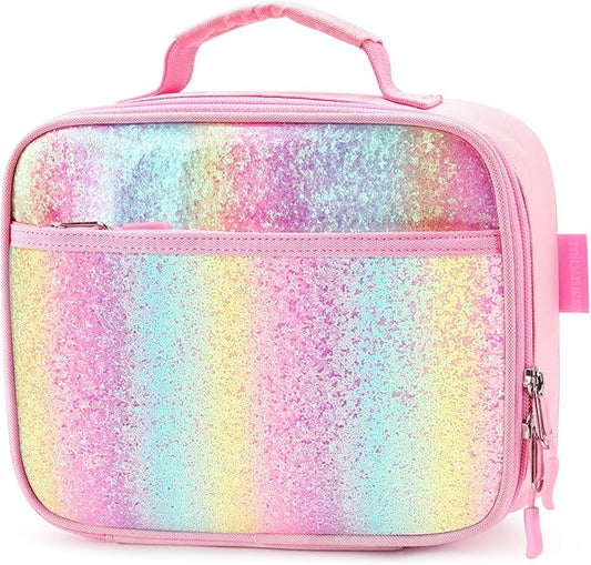 mibasies Kids Lunch Box for Girls Toddler, Insulated and Reusable Lunch Bag for School, Pink Blue Rainbow