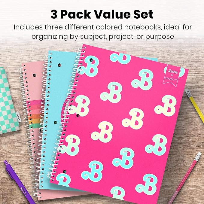 Yoobi Barbie X College Ruled Spiral Notebook Set – 3-Pack of 1 Subject Notebooks, Pink, Blue & Peach Barbie Designs – 100 Perforated 3-Hole Punched Sheets – 10.5” x 8”