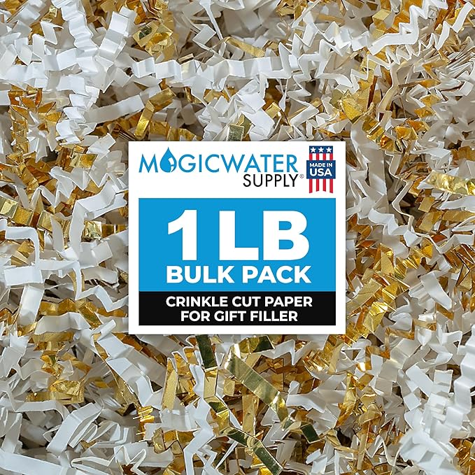 MagicWater Supply - 1 LB - White & Gold - Crinkle Cut Paper Shred Filler great for Gift Wrapping, Basket Filling, Birthdays, Weddings, Anniversaries