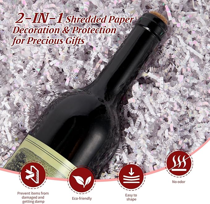 CANIYA 1 LB Iridescent Crinkle Cut Paper Shred Filler, Shredded Paper Filling for Gift Basket, Filler Paper for Birthday, Wedding, Anniversaries (Diamond White)