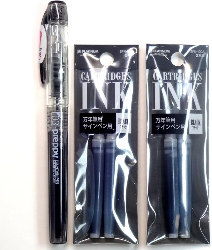 Platinum Fountain Pen, New Preppy, Fine Nib, Black(PSQ-300#1) + Ink Cartridges SPN-100A#1 (Black) Set (Japan Import) [Komainu-Dou Original Package]