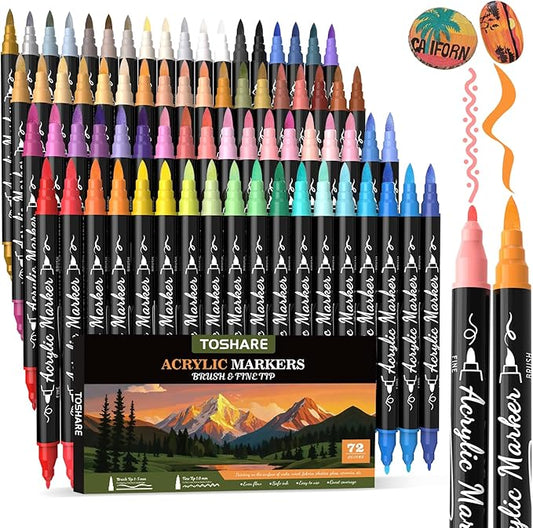 TOSHARE 72 Colors Acrylic Paint Markers, Brush & Fine Dual Tip Acrylic Paint Pens for Rock, Wood, Paper, Fabric, Canvas, Glass, Ceramic, Egg, Scrapbook and DIY Crafts Supplies Art Gifts