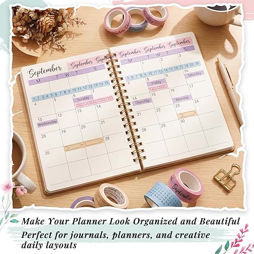 Chuangdi 9 Rolls Calendar Washi Tape Set Day Week Month Number Vintage Calendar Date Washi Masking Tape Decorative Patterned Marking for Arts Crafts Journal Planner (Pink, Purple, Yellow, Blue)